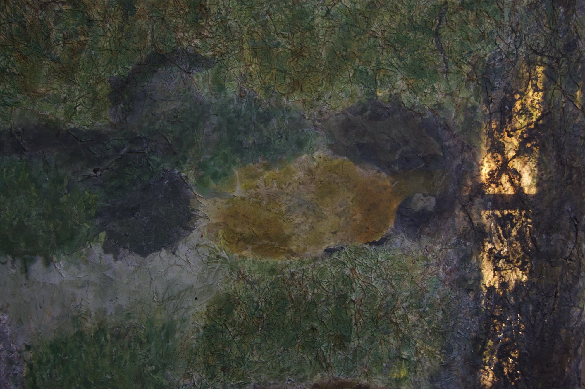 Detailansicht: Malerei, 220 x 160 cm, Papier, Pflanzen, Öl, Harz, Acryl, Gouache auf Leinwand
